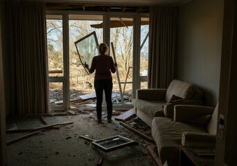 Woman assessing tornado damage in living room with broken windows