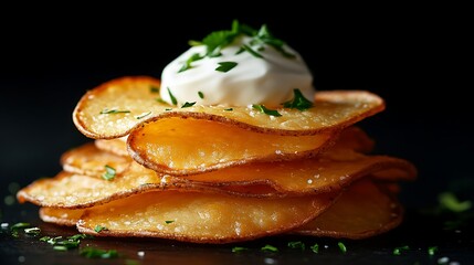 Wall Mural - A stack of crispy potato chips with a dollop of sour cream and parsley.