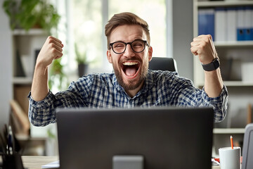 Sticker - Programmer with Completed Project on Screen in Modern Tech Office  