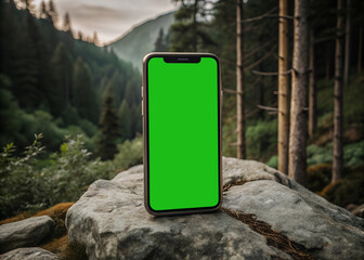 Smartphone mockup green screen with mountain background
