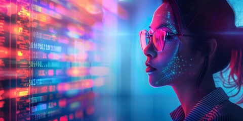 Wall Mural - futuristic young woman software coding data analytics programmer engineer digital science and cyber 