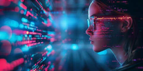 Futuristic young woman software coding data analytics programmer engineer digital science and cyber security through a tablet and hologram AI glasses Neon modern bold background. Generative AI