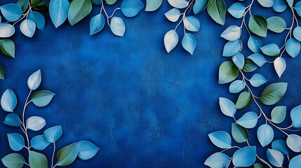 Wall Mural - A close-up of a blue wall adorned with leaves on one side and a plant positioned to its right