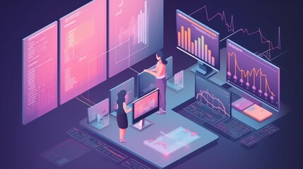 A woman and a man are working on a computer monitor with a lot of graphs