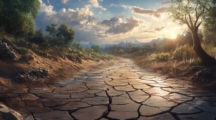 Wall Mural - a dry, cracked earth path leads through a forest towards a distant mountain range under a clear blue
