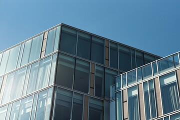 Abstract background shot of glass office building featuring minimalist geometric design against blue sky in downtown city, copy space