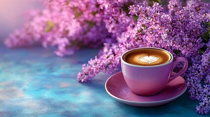 Wall Mural - A cup of coffee sits atop a saucer beside a cluster of purple blossoms on a azure background