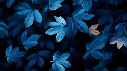 Poster - Blue leaves falling from a tree on black background