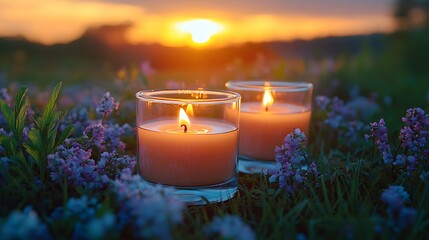 Wall Mural - two burning candles on a grassy field at sunset, surrounded by purple flowers.