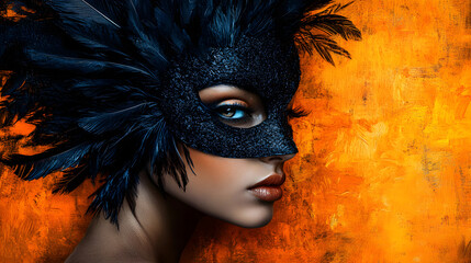 Wall Mural - A painting depicts a female face concealed by a black mask, adorned with feathers on her head, set against an orange backdrop