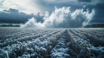 Wall Mural - A field of frost-covered plants under a stormy sky with a large cloud of snow and ice particles blowing across the field.