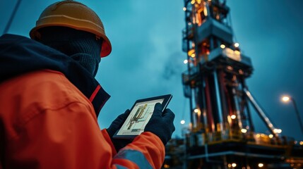 a mobile control system for an oil drilling rig, with an operator using a tablet to manage drilling 