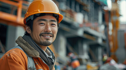 Aufkleber - Worker at construction site, smiling Japanese man.