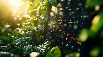 A close-up of a smart garden management control panel, showing detailed graphs and charts of garden conditions, touch-sensitive buttons, digital display with vibrant colors,