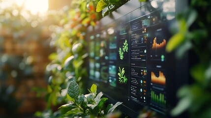 A close-up of a smart garden management control panel, showing detailed graphs and charts of garden conditions, touch-sensitive buttons, digital display with vibrant colors,