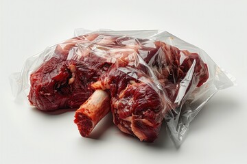 A leg meat smashed against plastic cellophane of a meat package, white background.