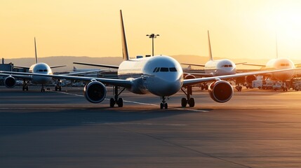 Sticker - Multiple commercial airplanes lined up on an airport runway at sunset with a warm glow in the background