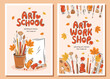 © Tatiana Bass - Set posters for Art workshop and Art school. Painting education with autumn leaves. Advertising backdrop with painters stationery. Vector illustration