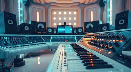 Fototapete - A music production studio with equipment, Audio Mixing Console in a Recording Studio.