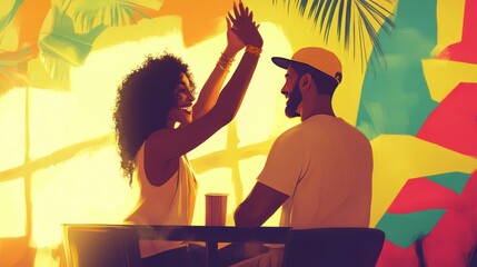 Poster - A vibrant scene of two people enjoying a lively conversation in a colorful setting.