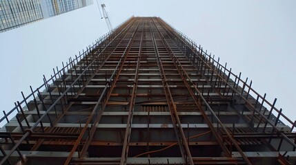 Upward perspective of modern skyscraper with exposed steel rebar architecture, showcasing urban development and contemporary structural design