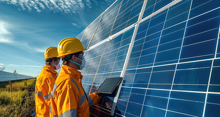 Aufkleber - A group of technicians in safety gear, inspecting a row of solar panels with modern diagnostic equipment such as infrared thermometers and digital tablets.