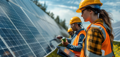 Aufkleber - A group of technicians in safety gear, inspecting a row of solar panels with modern diagnostic equipment such as infrared thermometers and digital tablets.