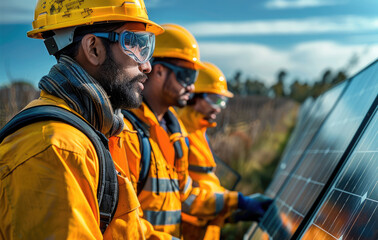 Aufkleber - A group of technicians in safety gear, inspecting a row of solar panels with modern diagnostic equipment such as infrared thermometers and digital tablets.