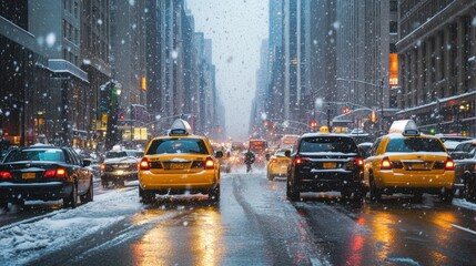 a wintry mix of sleet and snow falling in a busy city, causing slippery conditions on roads and side