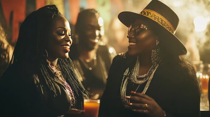 Poster - Two women enjoying drinks and conversation in a lively social setting.