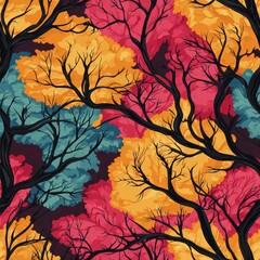 Wall Mural - seamless pattern of fractal trees with twisting branches and vibrant foliage