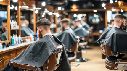 Sticker - Interior of a modern barbershop with several men in chairs, receiving haircuts and grooming services under bright lights.