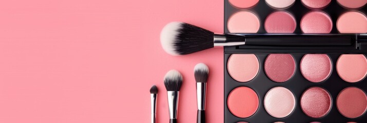 Makeup Brushes and Palette of Pink and Red Eye Shadows