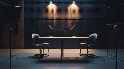 A sleek, minimalist recording studio with two microphones, a table, and two chairs, offering a clean and professional environment.