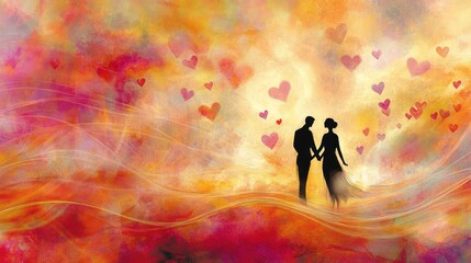 Wall Mural - A romantic silhouette of a couple surrounded by colorful hearts and a vibrant background.