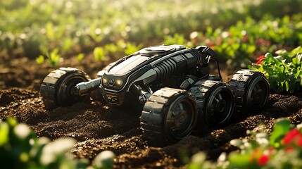 A futuristic robotic tiller with articulated arms aerating soil in a large garden, rows of rich dark soil, sunlight glistening on the metal surface,