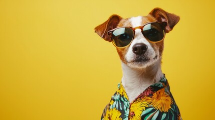 A playful Jack Russell Terrier dressed in a vibrant summer outfit with cool sunglasses, standing and staring at the camera.