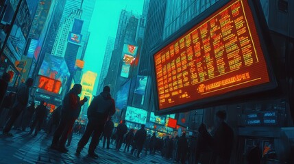 Wall Mural - A vibrant urban scene depicting people in a city with digital displays and neon lights.