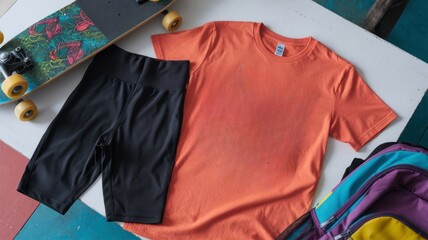 Orange T-shirt, Black Shorts, Skateboard, Backpack