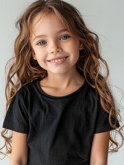 Poster - Beautiful 5 years old girl in black oversize t-shirt, happy and smile, light background.