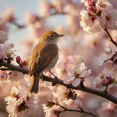 a bird perched on a cherry blossom tree branch in the morning