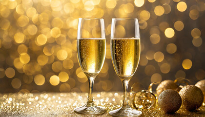 Two elegant champagne flutes filled with sparkling wine stand against a shimmering golden background, perfect for celebrations in any season