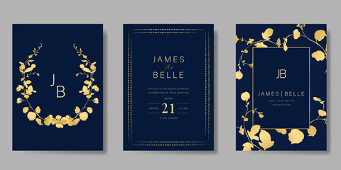 Wall Mural - Luxury invitation card design vector set. Elegant wedding card with leaves branch and flower decorative on navy blue background. Design illustration for cover, poster, gala.