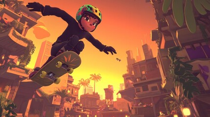 Poster - A young skateboarder performs a trick in a vibrant, urban sunset setting.