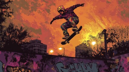 Wall Mural - A vibrant graphic of a skateboarder performing a trick against a colorful sunset backdrop.