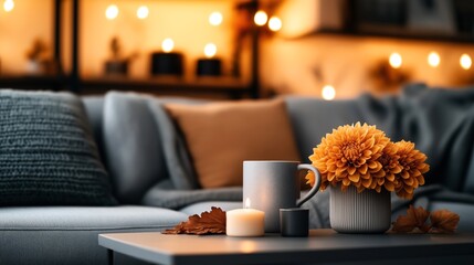 Wall Mural - Cozy living room setting with a sofa, cushions, mug, candle, and vase of orange flowers on a coffee table, illuminated by warm ambient lighting.