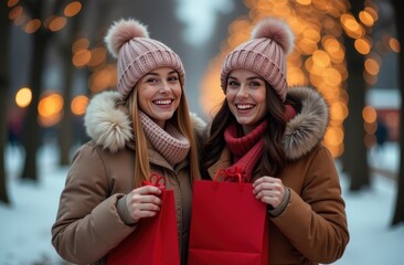 Christmas card, two young girls friends walking down the street with New Year's shopping, holiday background