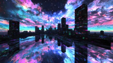 Wall Mural - A vibrant cityscape at night with colorful skies and reflections in water.