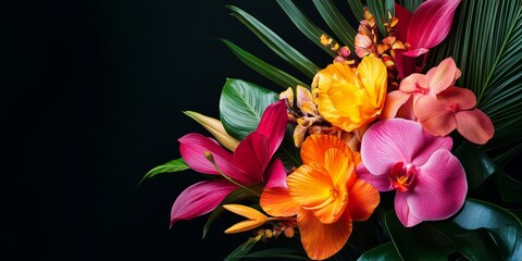 Poster - A vibrant floral arrangement showcasing colorful tropical flowers. This stunning display features bright hues of pink, orange, and yellow against a dark background. Perfect for decorative purposes. AI