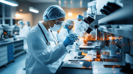 Wall Mural - Scientists in a laboratory wearing protective clothing work with microscopes and petri dishes, focusing on research and scientific analysis in a sterile environment.